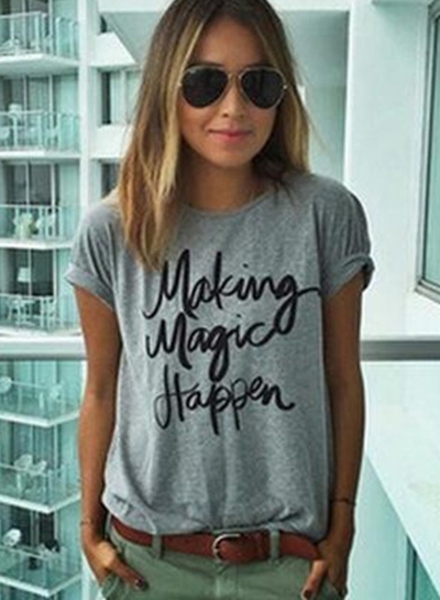 Summer Casual Loose Roll-Up Short Sleeve Round Neck Tee With Letters