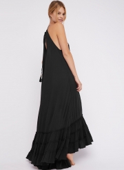 Summer Beach Solid Halter Off The Shoulder Ruffle Hem Slit Maxi Dress