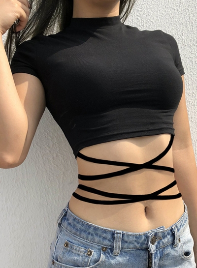 Sexy Slim Solid Short Sleeve High Waist Lace-Up Night Club Crop Top