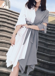 Fashion Irregular Striped Splicing Half Sleeve V Neck Waist Tie Dress