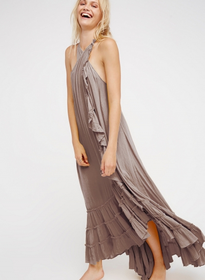 Summer Beach Solid Halter Off The Shoulder Ruffle Hem Slit Maxi Dress LZDINTECOMMERCE.com