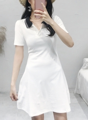 Summer Vintage Colorblock Turn-Down Collar Short Sleeve A-line Dress