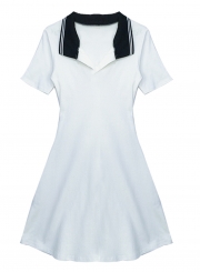 Summer Vintage Colorblock Turn-Down Collar Short Sleeve A-line Dress