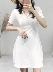 Summer Vintage Colorblock Turn-Down Collar Short Sleeve A-line Dress