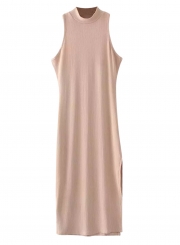 Casual Slim Solid Thread Sleeveless High Waist High Elasticity Slit Dress