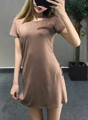 Summer Casual Slim Solid Short Sleeve Round Neck Back Lace-Up Dress
