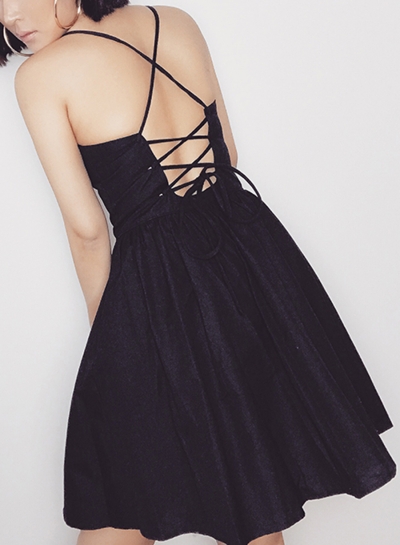 Summer Solid Spaghetti Strap Backless Lace-Up Elastic Waist Swing Dress