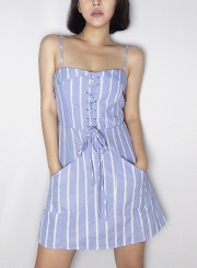 Sexy Striped Spaghetti Strap Front Lace-Up High Waist Dress With Pockets