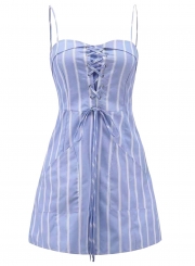 Sexy Striped Spaghetti Strap Front Lace-Up High Waist Dress With Pockets