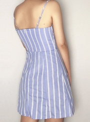 Sexy Striped Spaghetti Strap Front Lace-Up High Waist Dress With Pockets