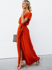 Elegant Solid Short Sleeve V Neck Waist Tie High Slit Maxi Dress