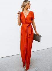 Elegant Solid Short Sleeve V Neck Waist Tie High Slit Maxi Dress