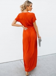 Elegant Solid Short Sleeve V Neck Waist Tie High Slit Maxi Dress