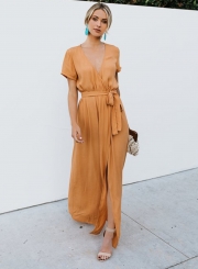 Elegant Solid Short Sleeve V Neck Waist Tie High Slit Maxi Dress