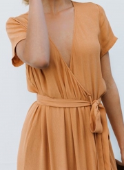 Elegant Solid Short Sleeve V Neck Waist Tie High Slit Maxi Dress