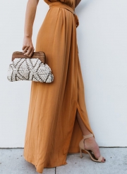 Elegant Solid Short Sleeve V Neck Waist Tie High Slit Maxi Dress