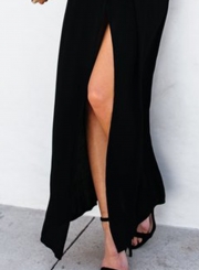 Elegant Solid Short Sleeve V Neck Waist Tie High Slit Maxi Dress