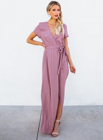 Elegant Solid Short Sleeve V Neck Waist Tie High Slit Maxi Dress YOUYOUFASHIONEC.com