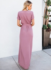 Elegant Solid Short Sleeve V Neck Waist Tie High Slit Maxi Dress