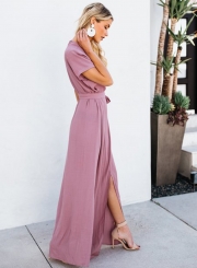 Elegant Solid Short Sleeve V Neck Waist Tie High Slit Maxi Dress