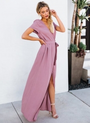 Elegant Solid Short Sleeve V Neck Waist Tie High Slit Maxi Dress