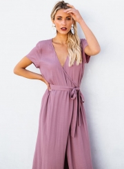 Elegant Solid Short Sleeve V Neck Waist Tie High Slit Maxi Dress