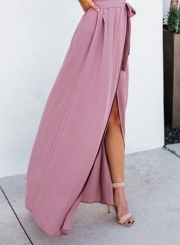 Elegant Solid Short Sleeve V Neck Waist Tie High Slit Maxi Dress
