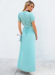 Elegant Solid Short Sleeve V Neck Waist Tie High Slit Maxi Dress