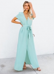 Elegant Solid Short Sleeve V Neck Waist Tie High Slit Maxi Dress