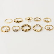 Fashion Vintage Engraving Flower Gem Hollow Out Alloy 10 Piece Rings