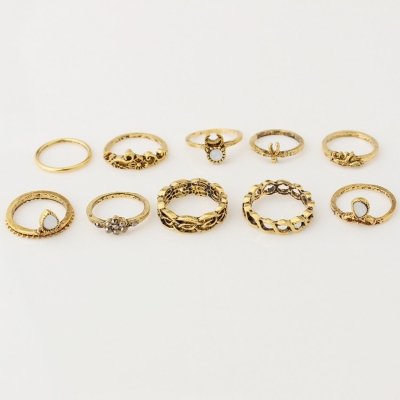 Fashion Vintage Engraving Flower Gem Hollow Out Alloy 10 Piece Rings STYLESIMO.com