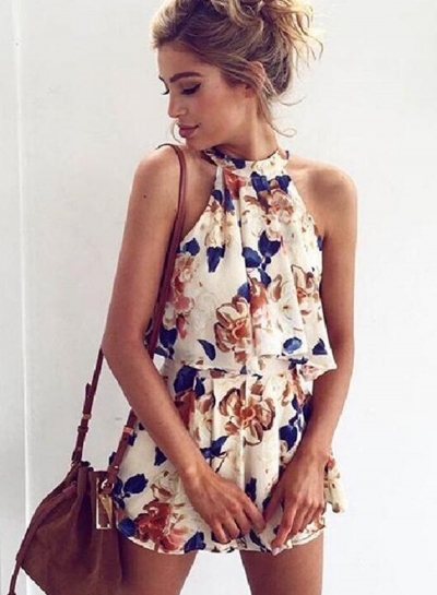 Fashion Floral Printed Halter Off The Shoulder Tank With Straight Shorts YOUYOUFASHIONEC.com