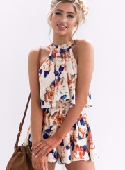 Fashion Floral Printed Halter Off The Shoulder Tank With Straight Shorts