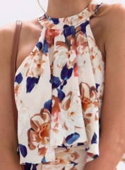 Fashion Floral Printed Halter Off The Shoulder Tank With Straight Shorts