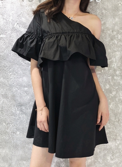 Summer Sexy One Off Shoulder Ruffle Trim Short Sleeve Loose Solid Dress LZDINTECOMMERCE.com