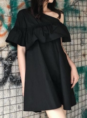 Summer Sexy One Off Shoulder Ruffle Trim Short Sleeve Loose Solid Dress