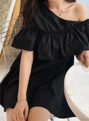 Summer Sexy One Off Shoulder Ruffle Trim Short Sleeve Loose Solid Dress