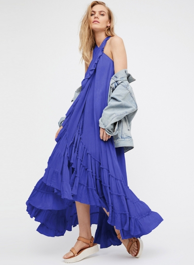 Summer Beach Solid Halter Off The Shoulder Ruffle Hem Slit Maxi Dress LZDINTECOMMERCE.com