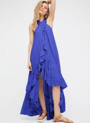 Summer Beach Solid Halter Off The Shoulder Ruffle Hem Slit Maxi Dress