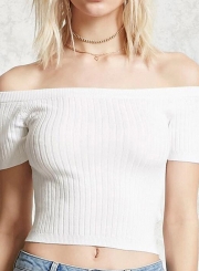 Summer Casual Sexy Off The Shoulder Short Sleeve Solid Knit Crop Top