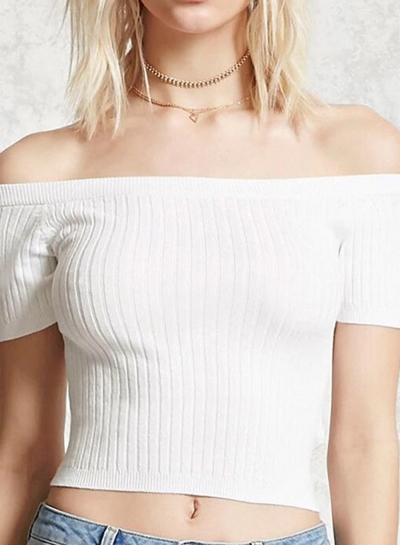 Summer Casual Sexy Off The Shoulder Short Sleeve Solid Knit Crop Top STYLESIMO.com