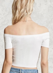 Summer Casual Sexy Off The Shoulder Short Sleeve Solid Knit Crop Top