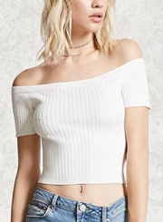 Summer Casual Sexy Off The Shoulder Short Sleeve Solid Knit Crop Top