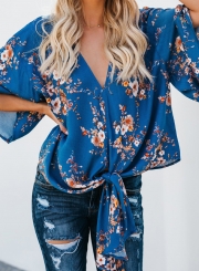 Summer Casual Loose Floral Printed Flare Sleeve V Neck Lace-Up Blouse