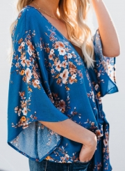 Summer Casual Loose Floral Printed Flare Sleeve V Neck Lace-Up Blouse