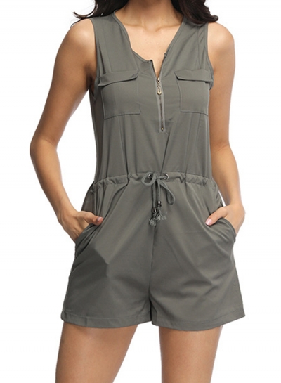 Summer Slim Sleeveless V Neck Waist Tie Pockets Wide Leg Romper With Zip YOUYOUFASHIONEC.com