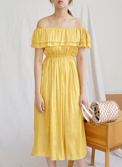 Summer Fashion Off The Shoulder Ruffle Neckline High Waist Solid Dress LZDINTECOMMERCE.com