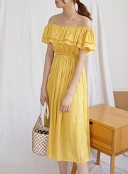 Summer Fashion Off The Shoulder Ruffle Neckline High Waist Solid Dress