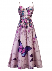 Elegant Floral Printed Spaghetti Strap Front Lace-Up High Waist Maxi Dress