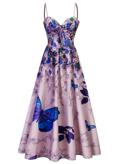 Elegant Floral Printed Spaghetti Strap Front Lace-Up High Waist Maxi Dress